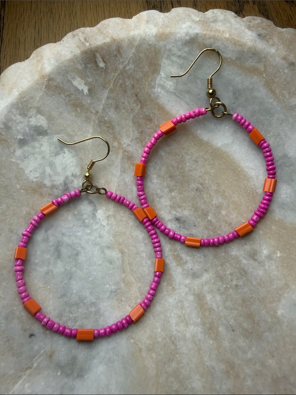 Ink & Alloy Beaded Hoop Dangle Earrings in Hot Pink and Orange